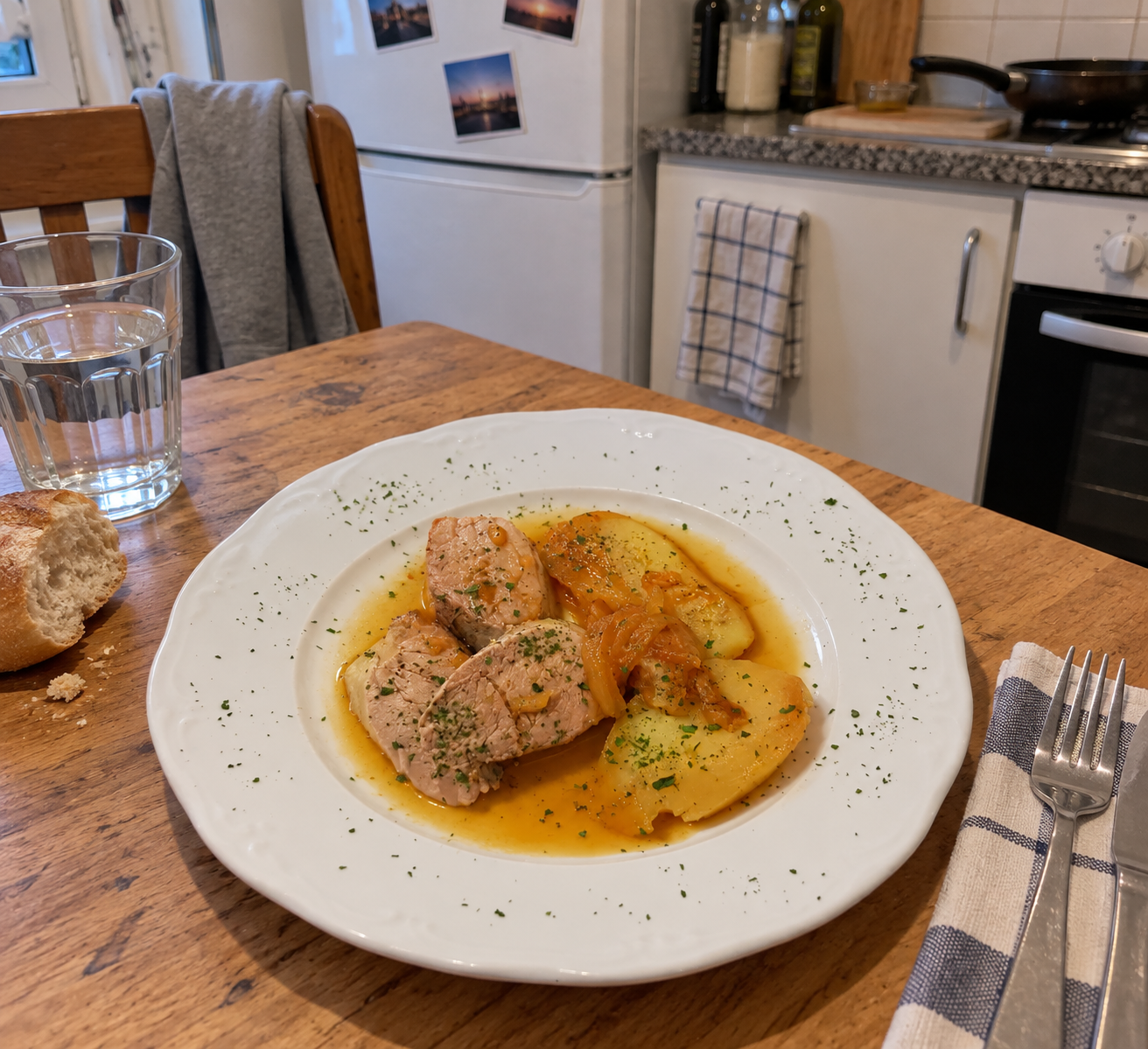Solomillo de cerdo fileteado con salsa de miel y mostaza sobre patatas en una sartén