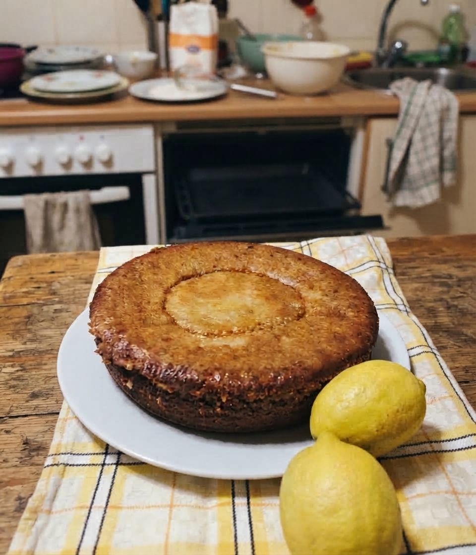 Bizcocho de yogur casero en un plato blanco con limones, en una cocina · receta de no me gusta cocinar