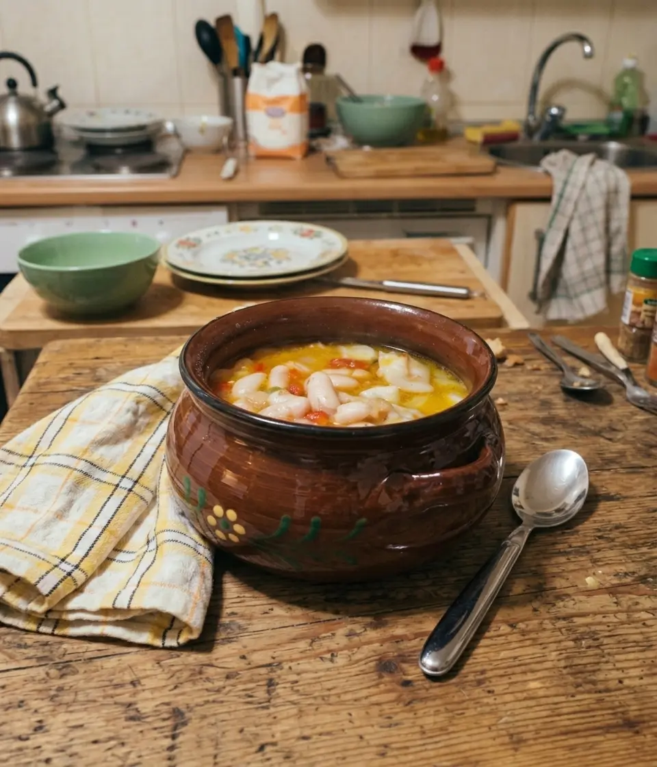 Guiso de alubias blancas con trozos de sepia y verduritas picadas en un plato hondo · receta de no me gusta cocinar