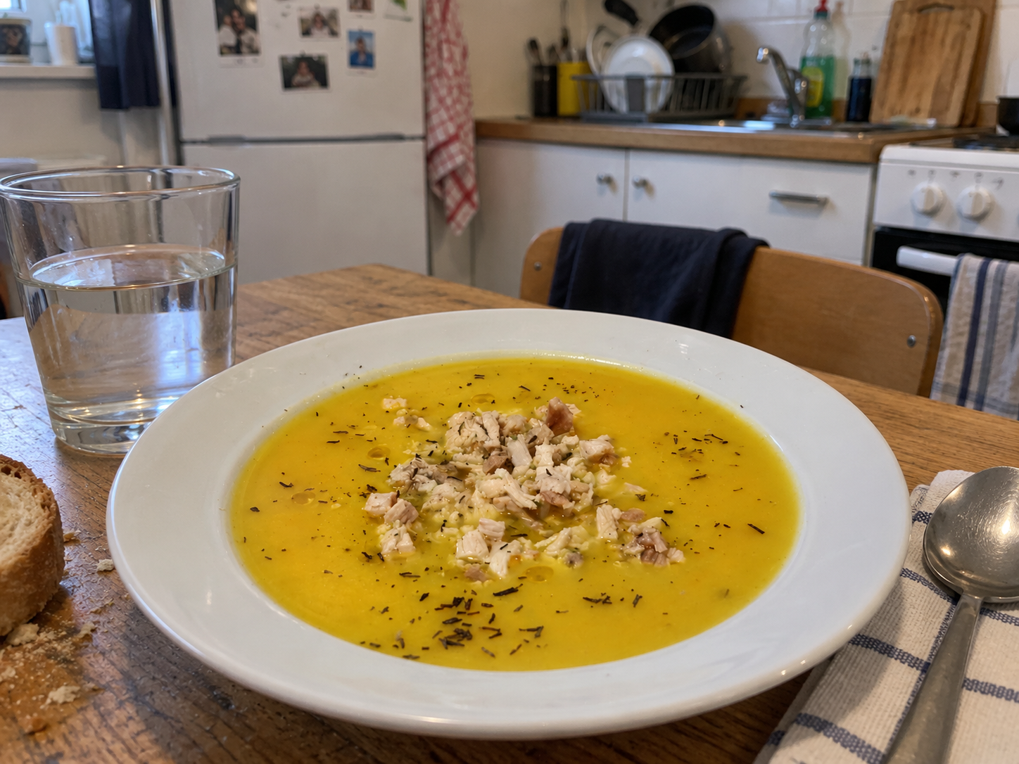 Cuenco de crema de calabaza y calabacín con picatostes y un chorrito de aceite