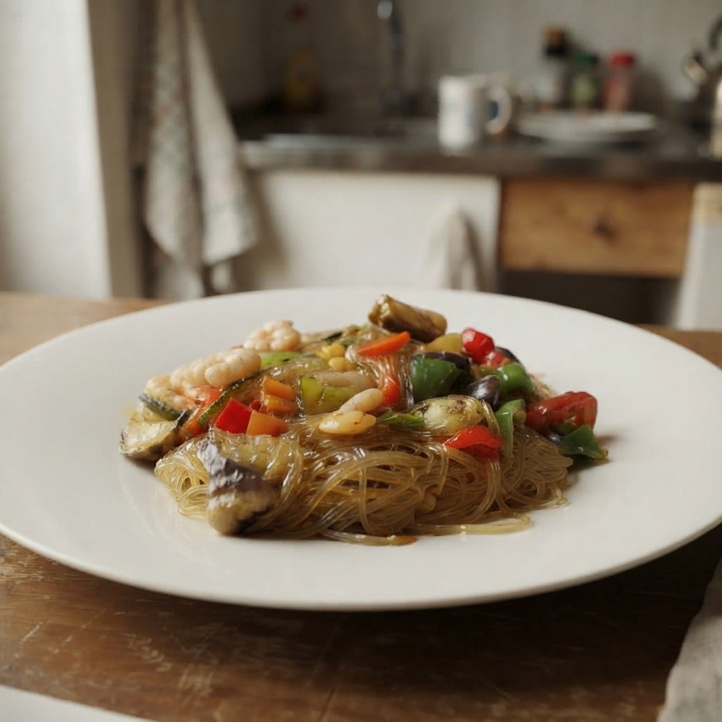 Plato de fideos chinos con verduras y gambas · receta de no me gusta cocinar